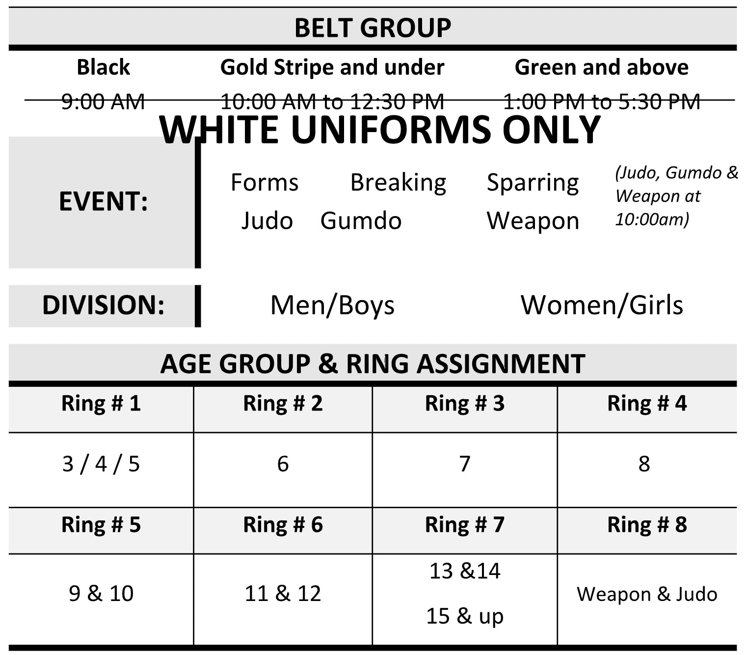 Taekwondo White Belt Forms Chart   Timetable 